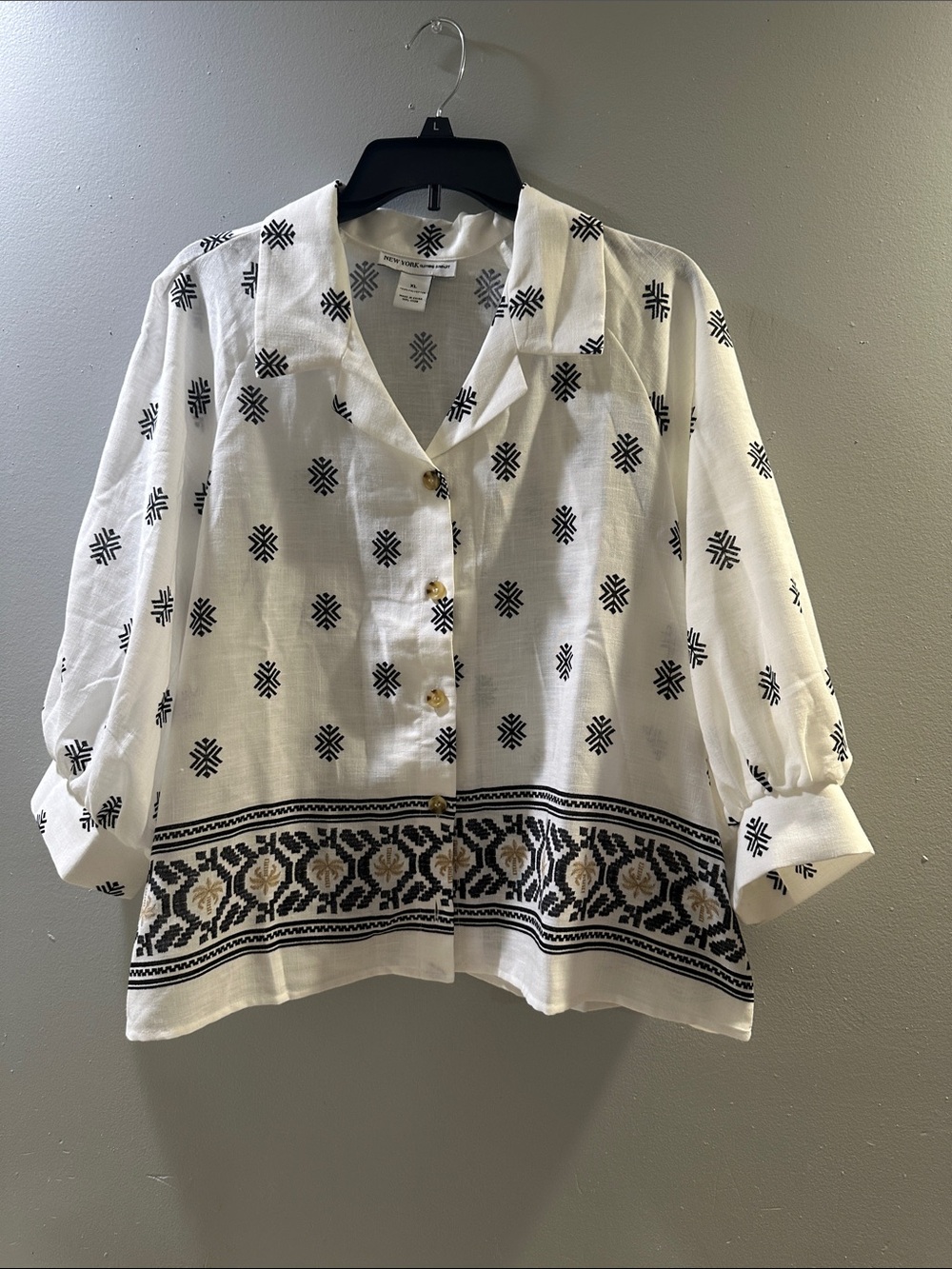 Boho Embroidered Button-Down Shirt Jacket in White and Black